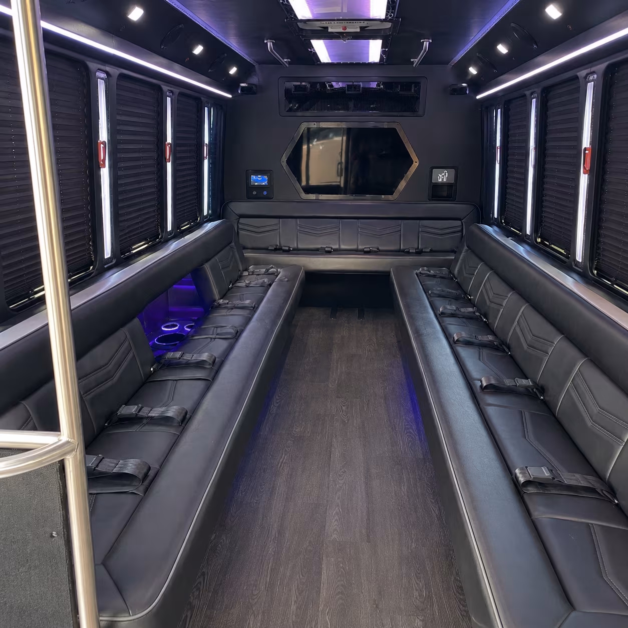 Wedding guests seated inside a party bus serving Fremont
